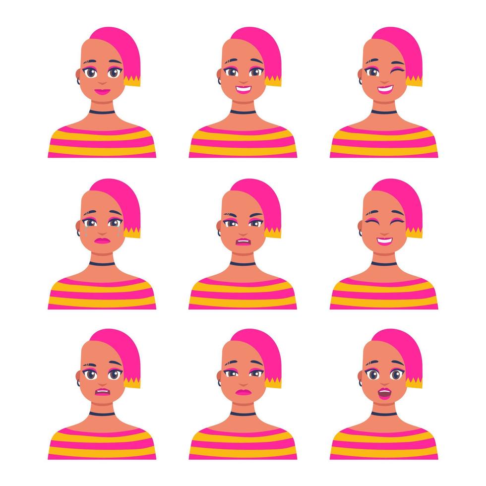 set di giovane icona femminile con emozioni in stile cartone animato. profilo avatar ragazza con espressione facciale. ritratti di personaggi in colori vivaci. illustrazione vettoriale isolata in design piatto