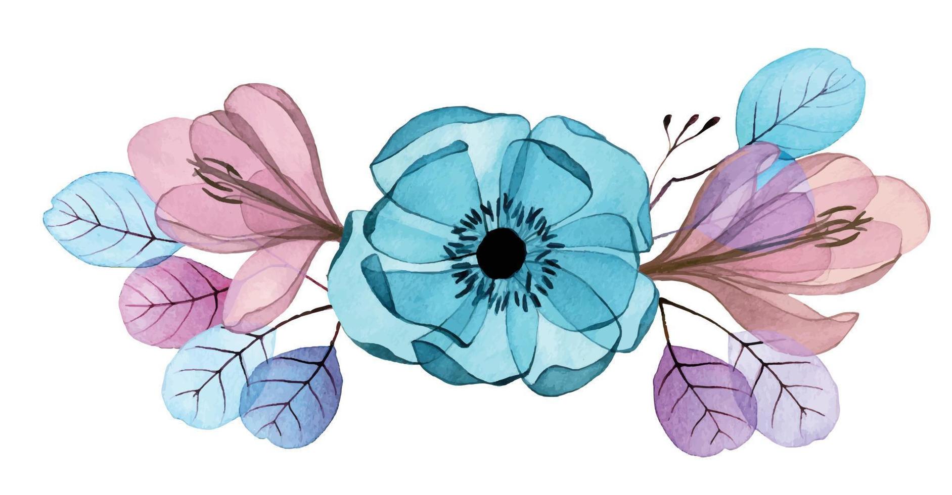 disegno ad acquerello. composizione, un bouquet di fiori trasparenti. fiori blu e viola di anemoni, crochi e foglie di eucalipto. decorazione per matrimonio, biglietto di auguri, invito vettore