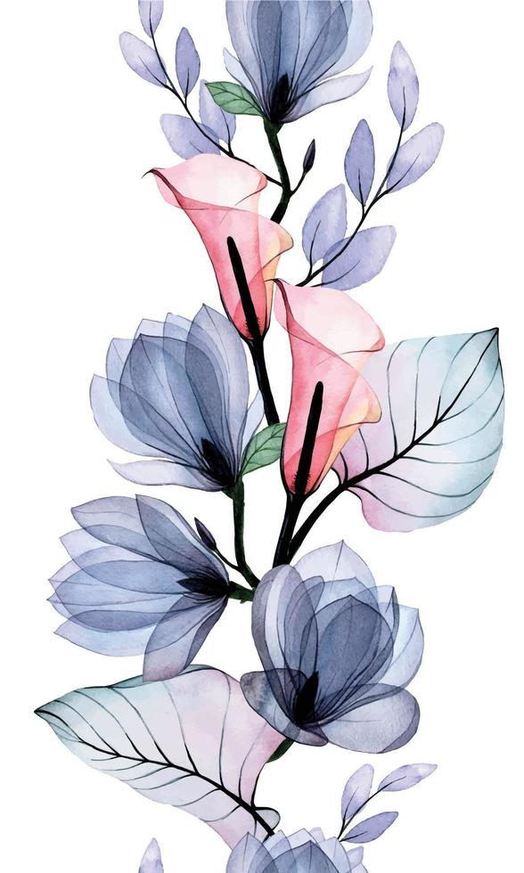 bordo senza cuciture dell'acquerello con fiori tropicali trasparenti e foglie di calla e magnolia. stampa delicata e delicata nei colori pastello rosa cipria e blu o sfondo bianco. vettore