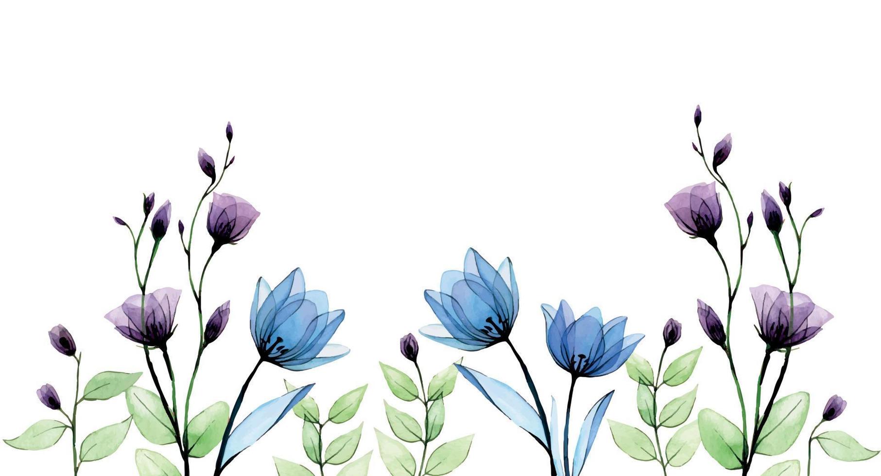 banner ad acquerello, bordo con fiori trasparenti. disegno a mano vintage con fiori di campo blu e viola ed erbe verdi e rami su sfondo bianco. acquerello delicato vettore