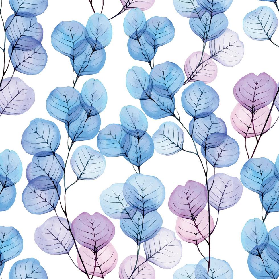 modello senza cuciture dell'acquerello con foglie di eucalipto trasparenti. fiori trasparenti e foglie di eucalipto blu, viola, rosa su sfondo bianco. colori pastello, stampa per tessuto, carte, involucri vettore