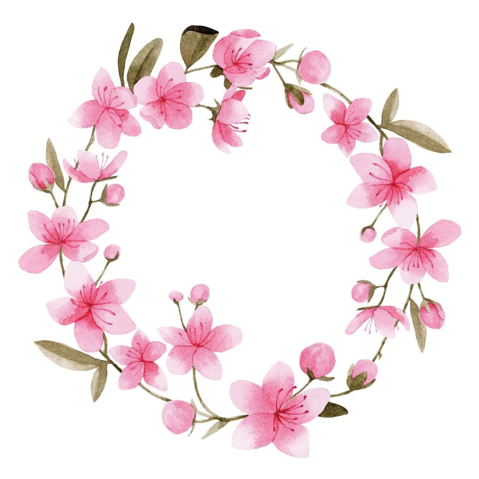 disegno ad acquerello. una corona di fiori di sakura. cornice rotonda di fiori rosa e ramo di sakura, fiori di ciliegio. vettore