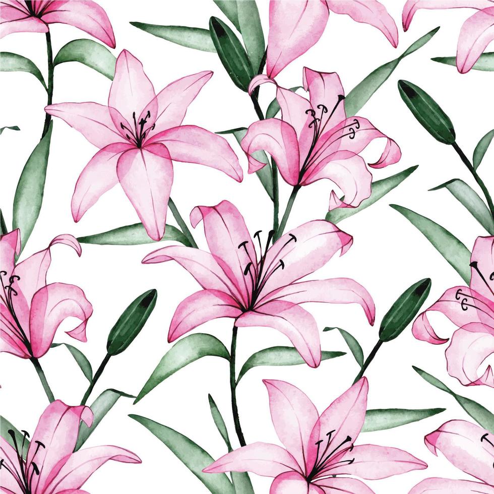 modello senza cuciture dell'acquerello con fiori di giglio trasparenti. fiori di giglio rosa su sfondo bianco. raggi x di fiori trasparenti vettore