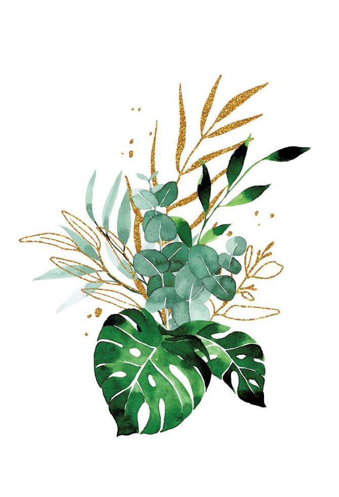 disegno ad acquerello, composizione di bouquet da foglie tropicali di monstera e palme. foglie di foresta pluviale verde e oro isolate su sfondo bianco vettore