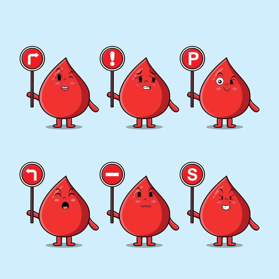 simpatico cartone animato goccia di sangue con cartello stradale vettore