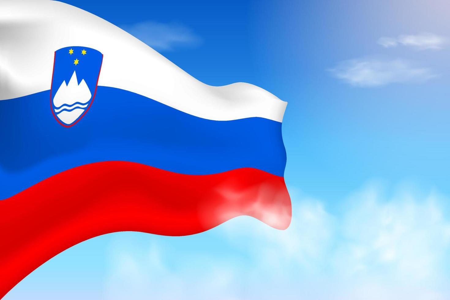 bandiera della slovenia tra le nuvole. bandiera vettoriale che sventola nel cielo. illustrazione realistica della bandiera della giornata nazionale. vettore di cielo blu.