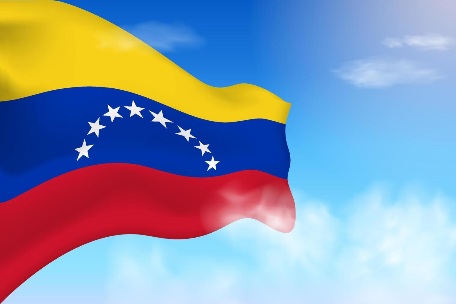 bandiera venezuela tra le nuvole. bandiera vettoriale che sventola nel cielo. illustrazione realistica della bandiera della giornata nazionale. vettore di cielo blu.