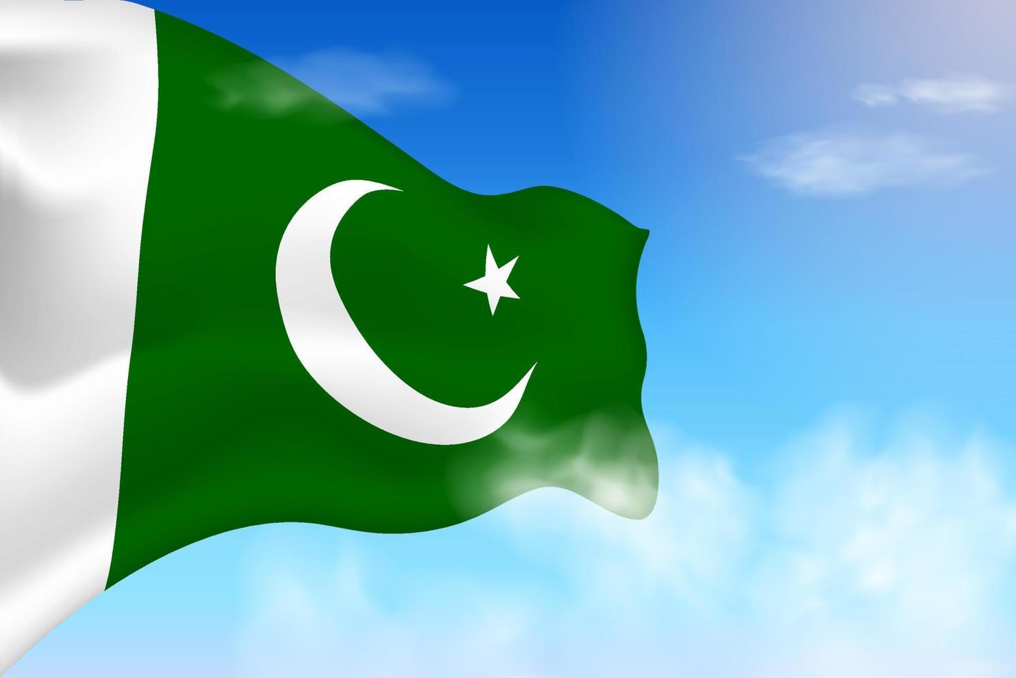 bandiera pakistana tra le nuvole. bandiera vettoriale che sventola nel cielo. illustrazione realistica della bandiera della giornata nazionale. vettore di cielo blu.