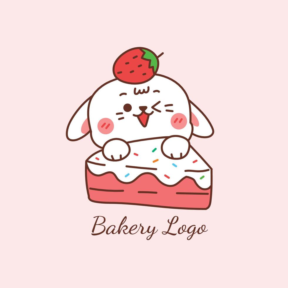 simpatico coniglio che tiene una torta per il logo della panetteria. vettore