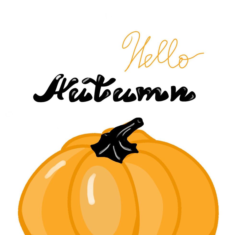 ciao, banner di auguri autunnale con iscrizione scritta a mano e zucca vettore