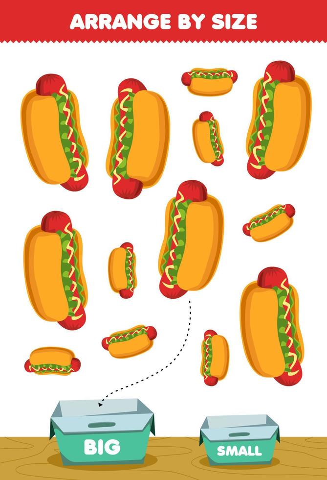 gioco educativo per bambini organizza per taglia grande o piccola mettilo nella scatola immagini di hotdog snack cibo cartone animato vettore