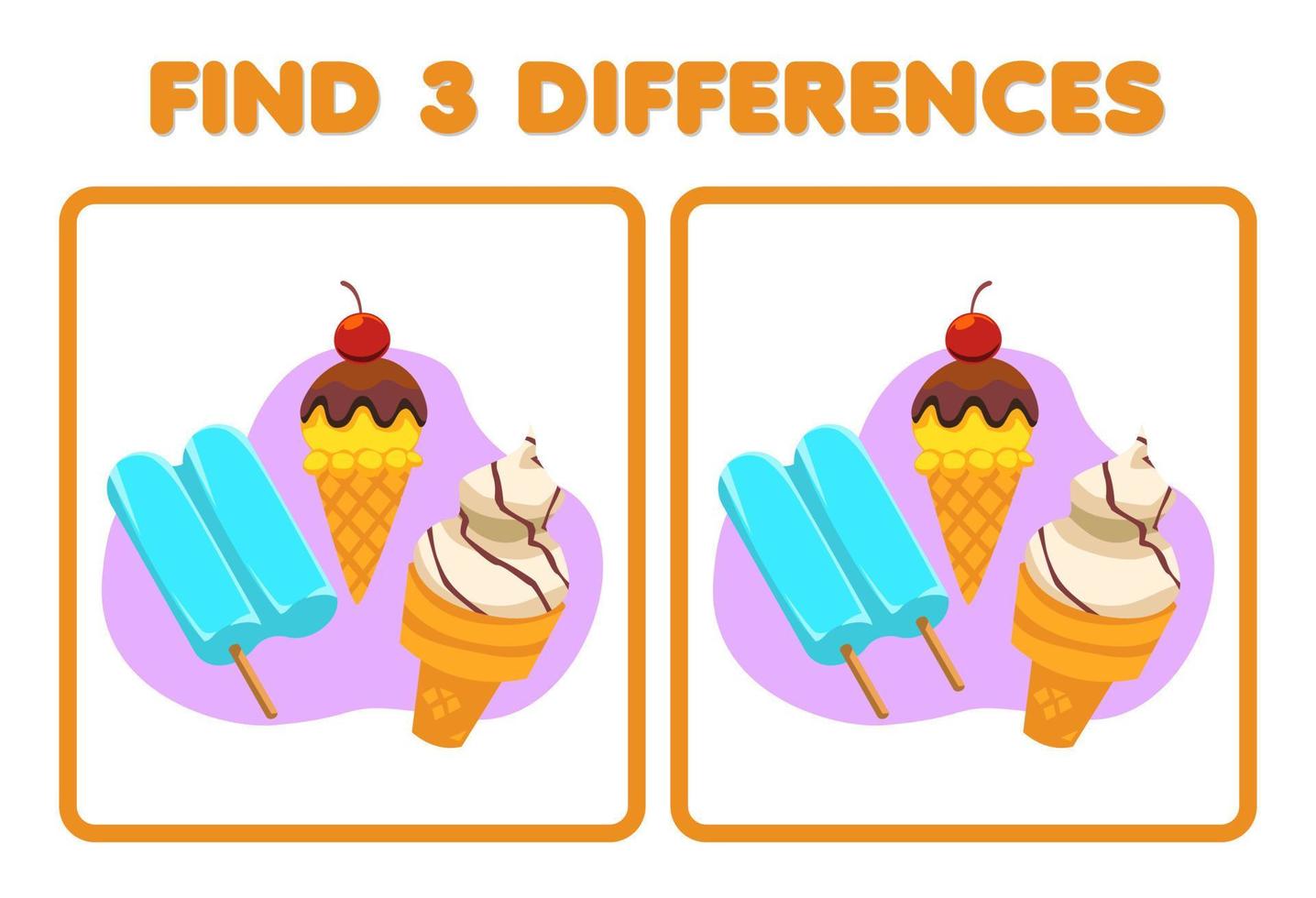 gioco educativo per bambini trova tre differenze tra due immagini di cartoni animati di gelato alimentare e ghiaccioli vettore