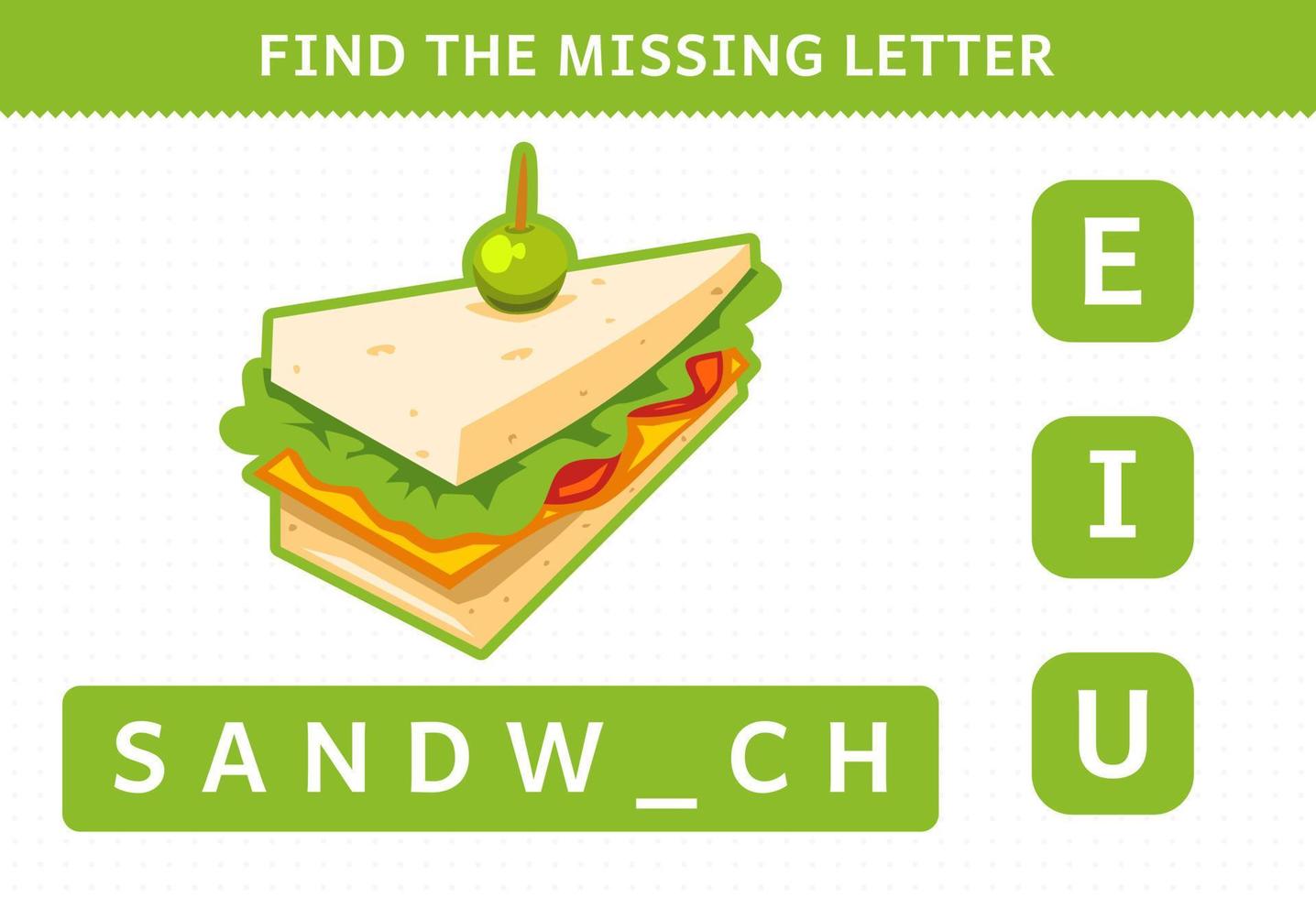 gioco educativo per bambini trova foglio di lavoro panino snack cibo cartone animato lettera mancante vettore