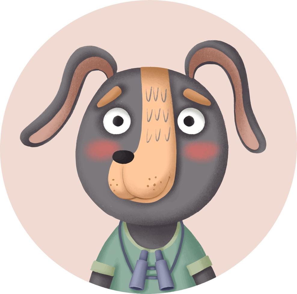 icona rotonda carina con cane cartone animato e binocolo vettore
