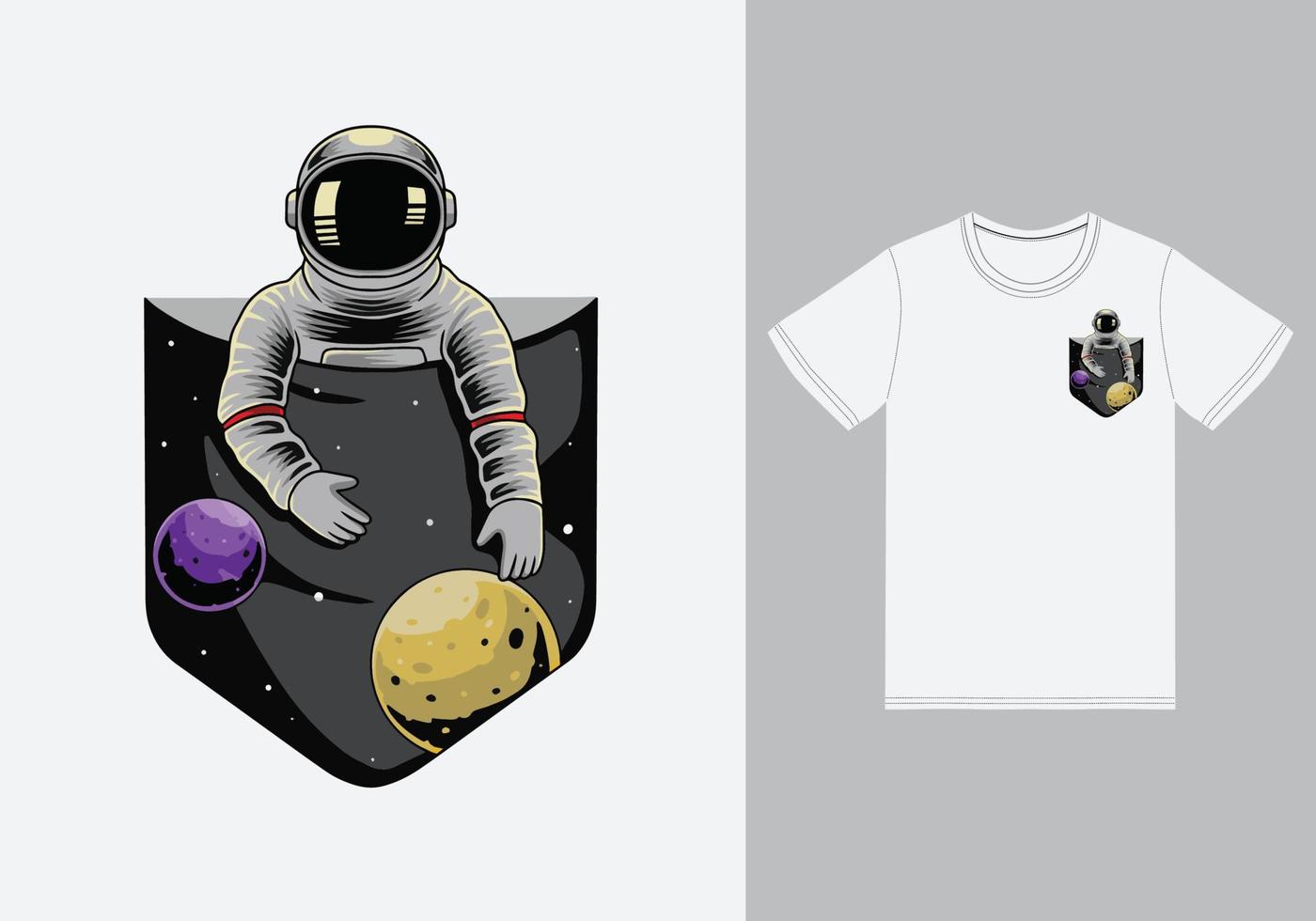 astronauta in tasca illustrazione con tshirt design premium vector