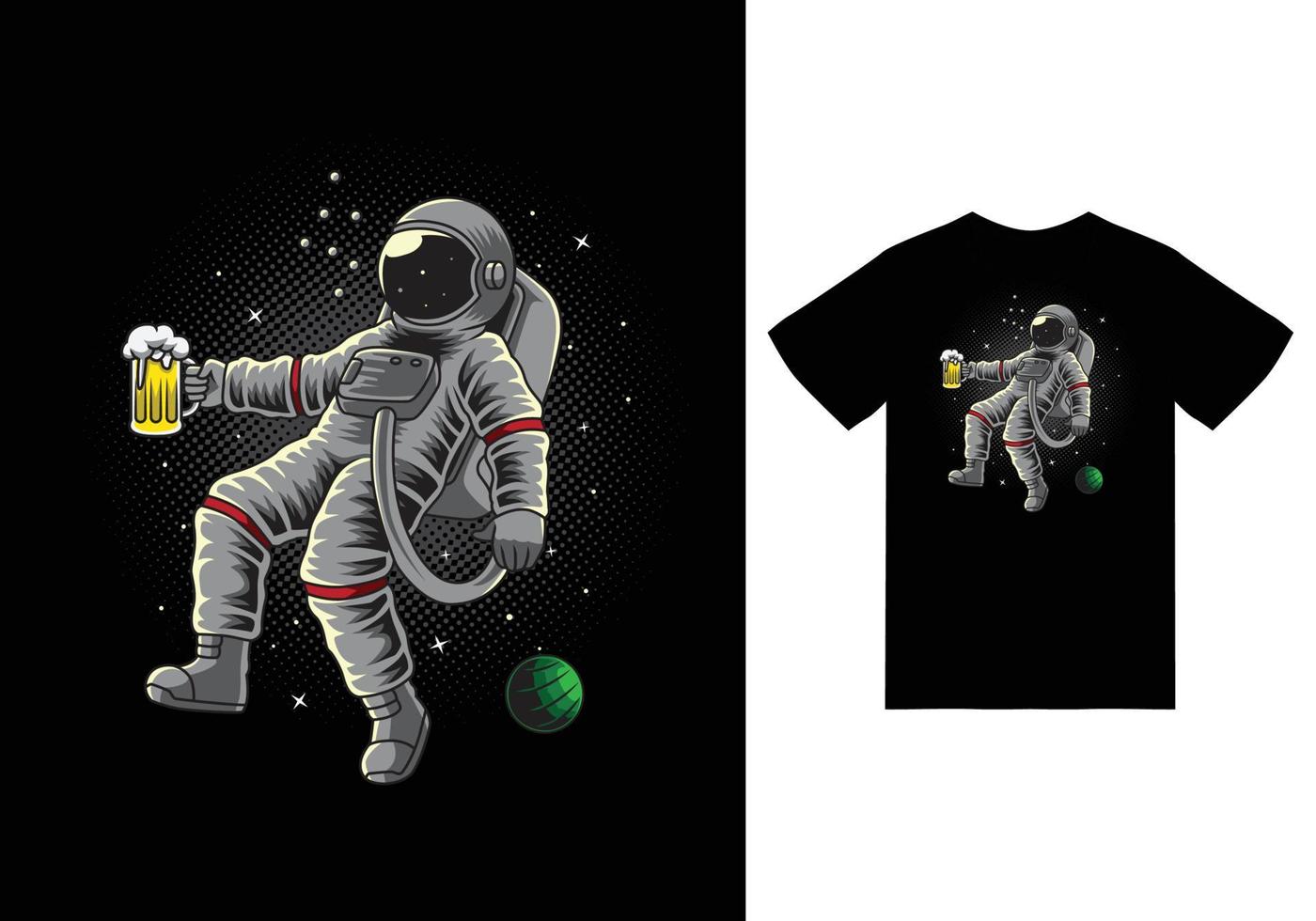 astronauta che beve nello spazio illustrazione con tshirt design premium vector