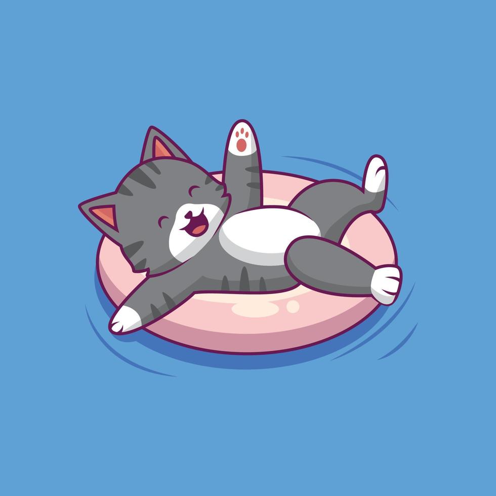 simpatico gatto che nuota con l'illustrazione del fumetto del pallone vettore