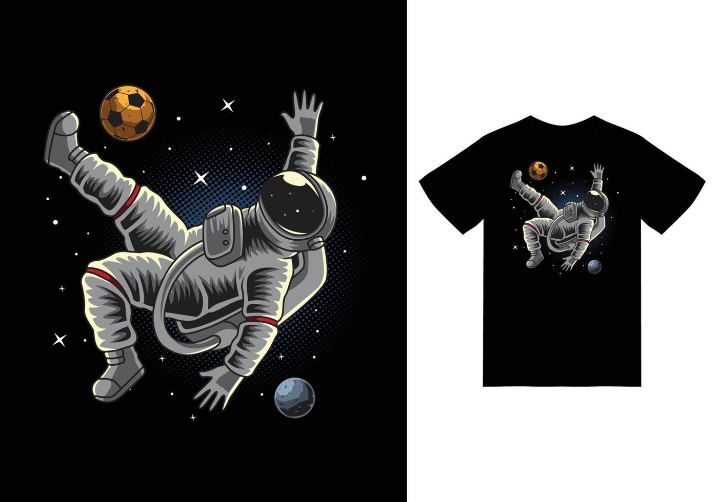astronauta football sullo spazio illustrazione con tshirt design premium vector