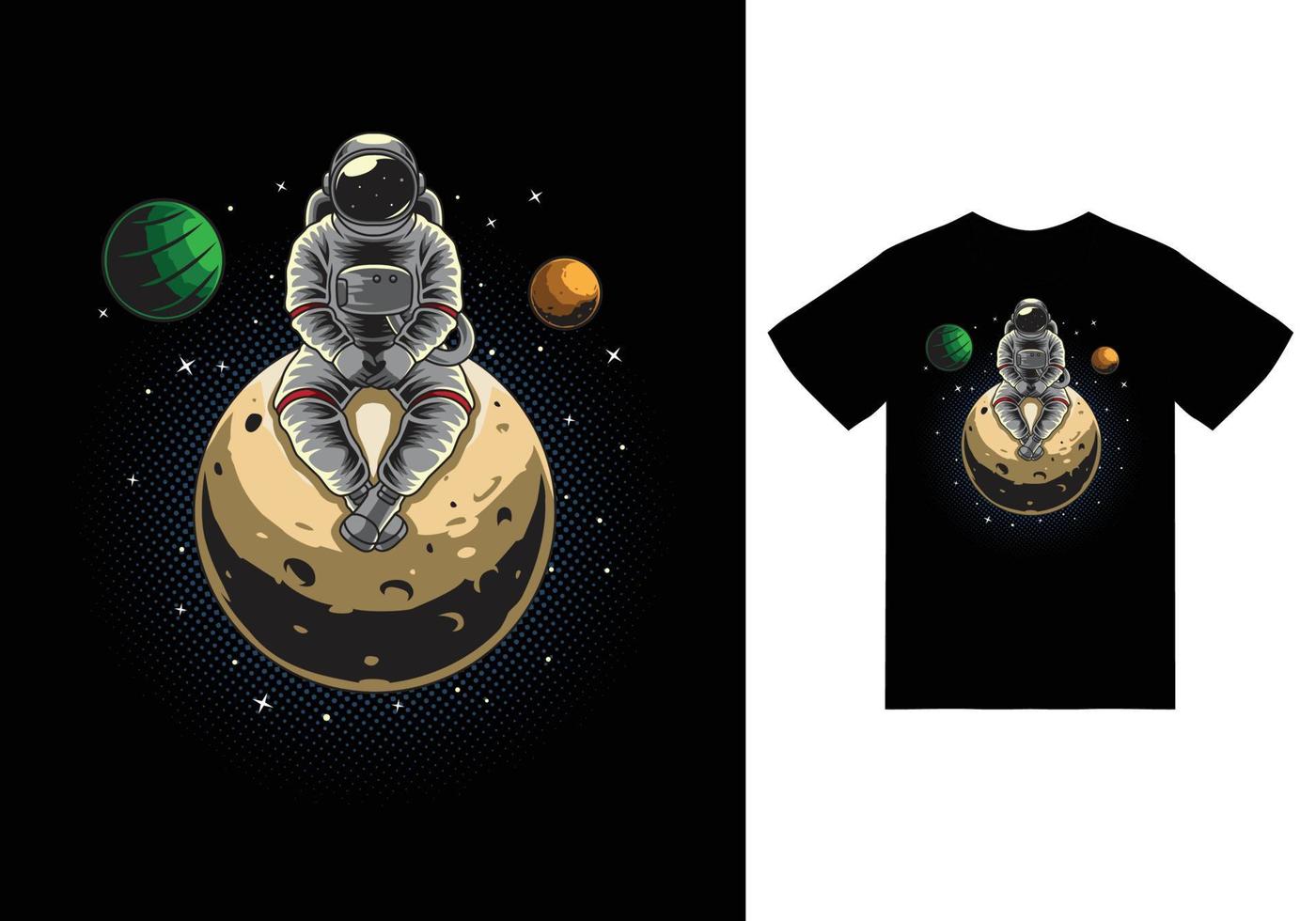 astronauta seduto nella luna illustrazione con tshirt design premium vector