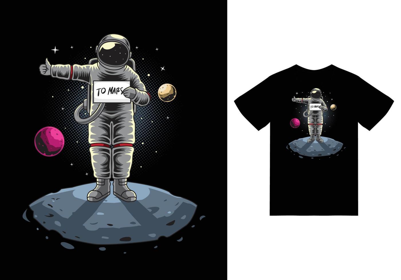 astronauta che fa l'autostop su Marte illustrazione con tshirt design premium vector