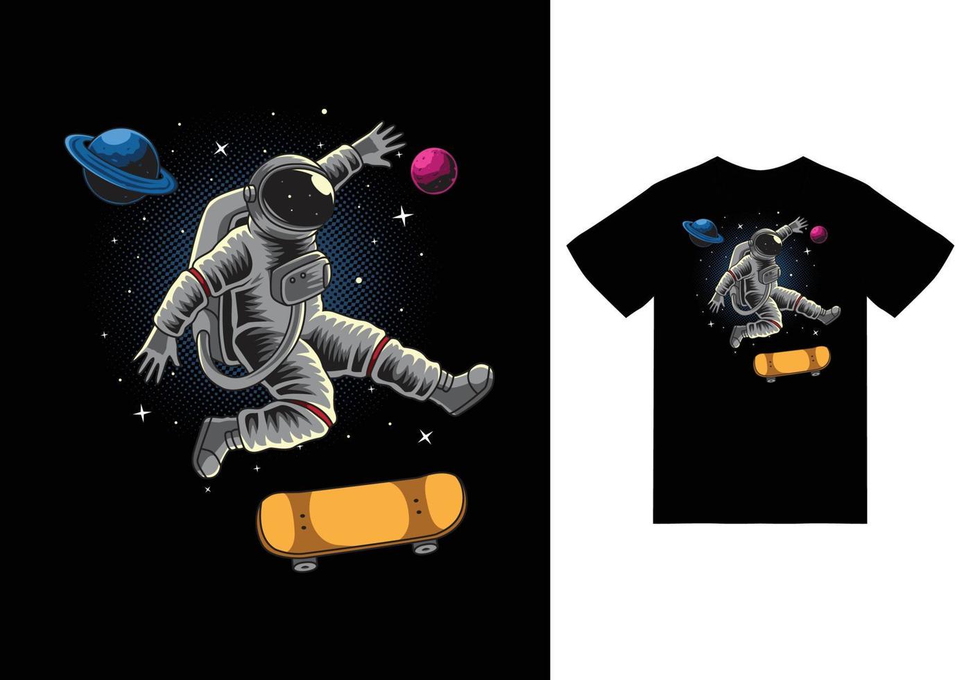 astronauta che gioca a skateboard nello spazio illustrazione con tshirt design premium vector