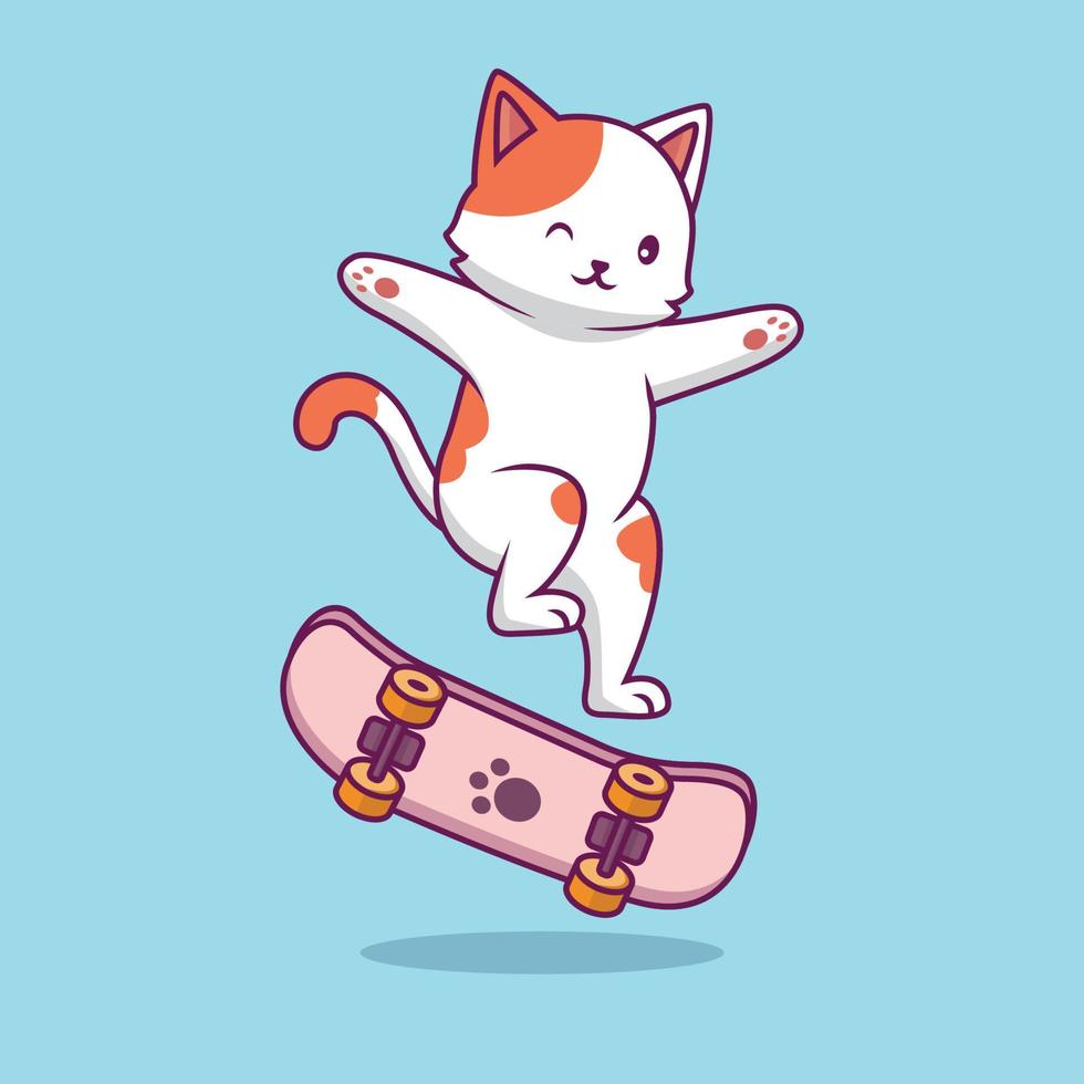 simpatico gatto che gioca a skateboard cartoon illustrazione vettore