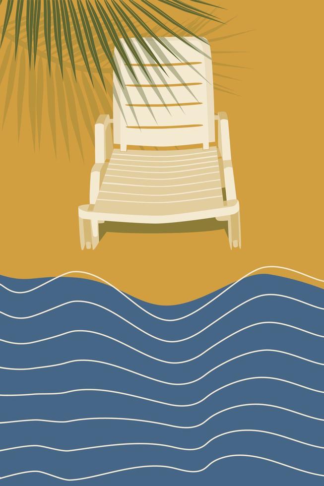 lettino sulla spiaggia, paesaggio marino astratto, onde, sole, palma, sabbia, vacanza per banner, poster, illustrazione vettoriale della carta