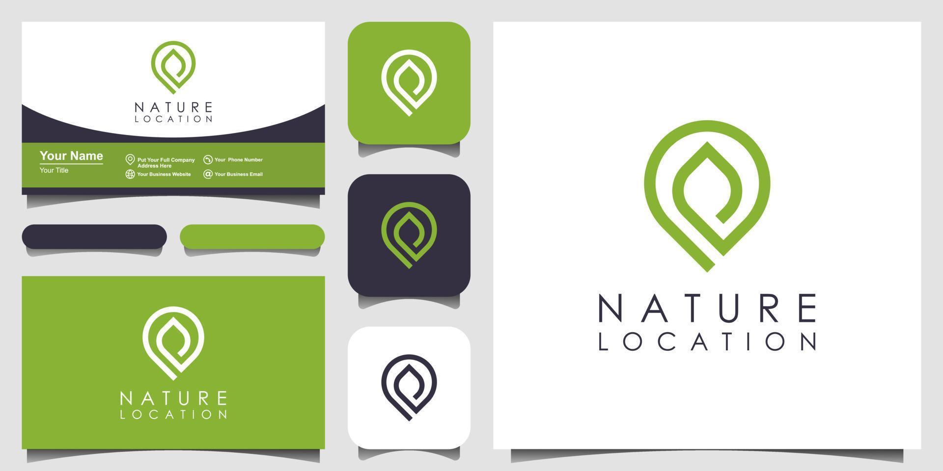 il design del logo della spilla di posizione è combinato con foglie naturali. logo con linea di stile art minimalista e design di biglietti da visita vettore