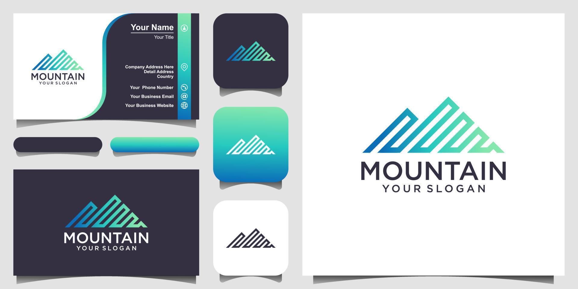 illustrazione della montagna con il logo in stile line art e il vettore di progettazione del biglietto da visita.