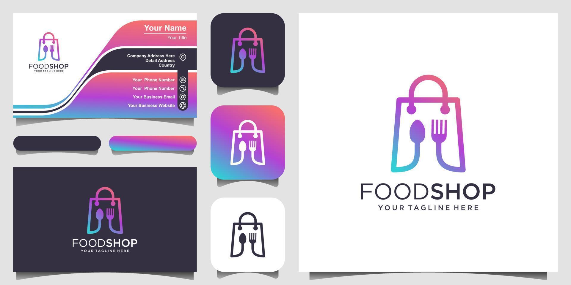 modello di design del logo del negozio di alimentari, borsa combinata con cucchiaio e posate. vettore