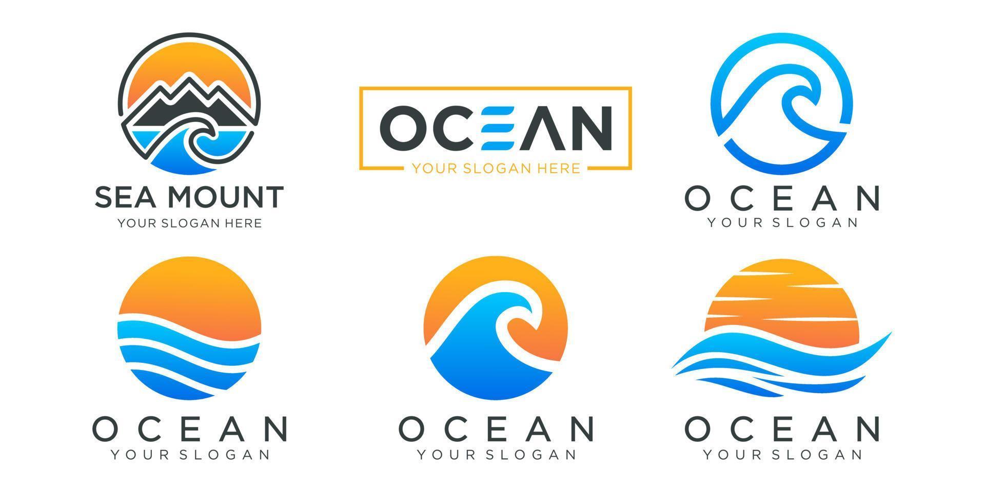 set di icone del logo delle onde del mare, set del logo delle onde del sole, vettore del logo delle onde della balena