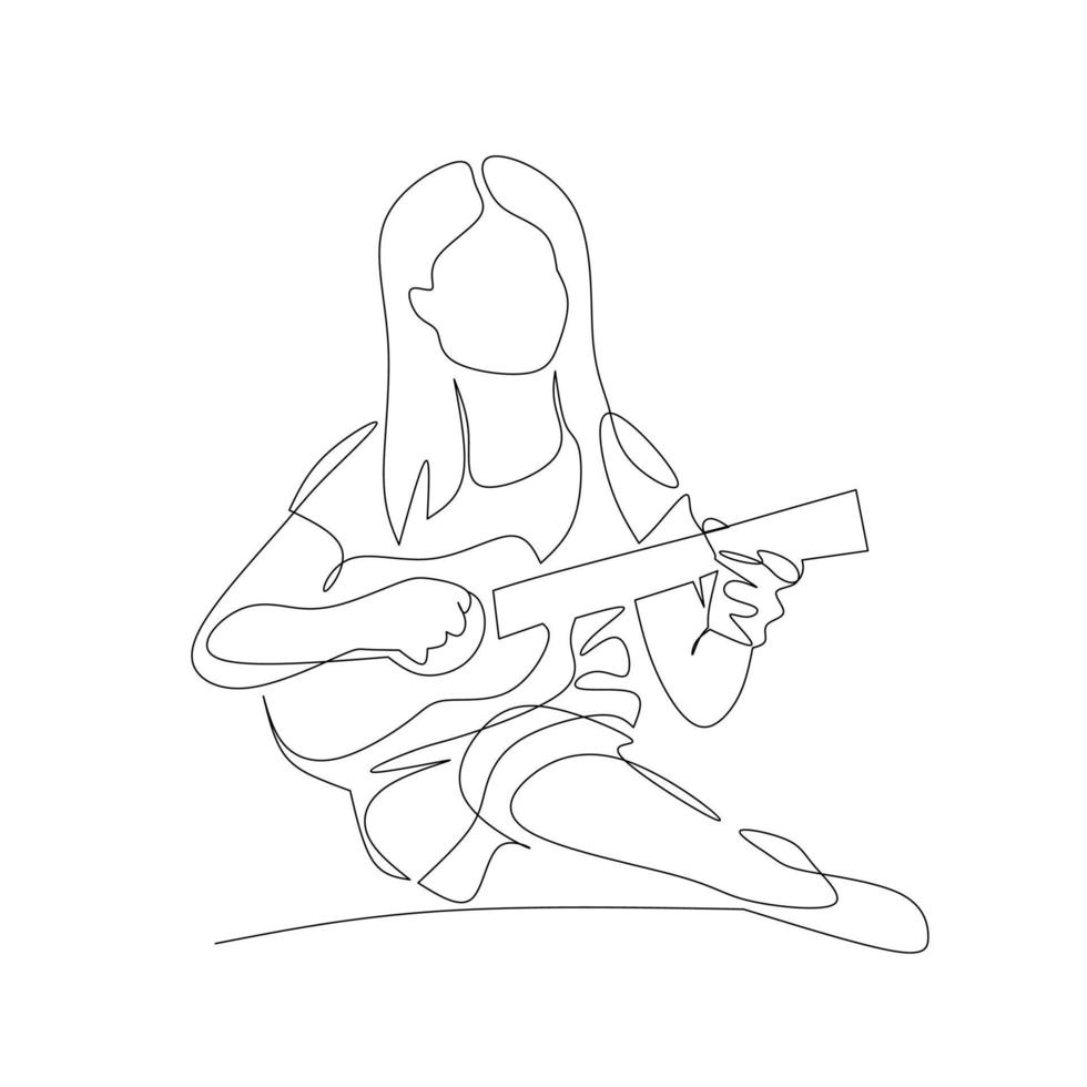 illustrazione vettoriale di una ragazza che suona l'ukulele disegnata in stile line-art