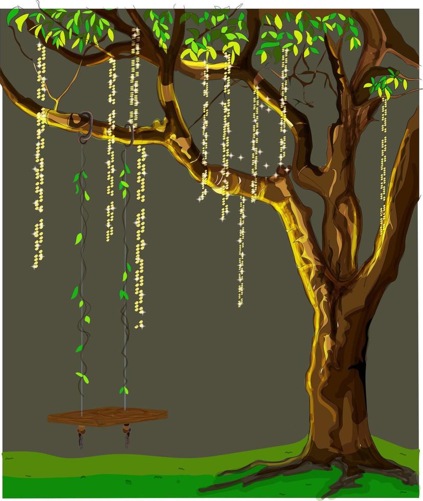lampadario ad albero e un'altalena con riflessi artistici di lampade vettore