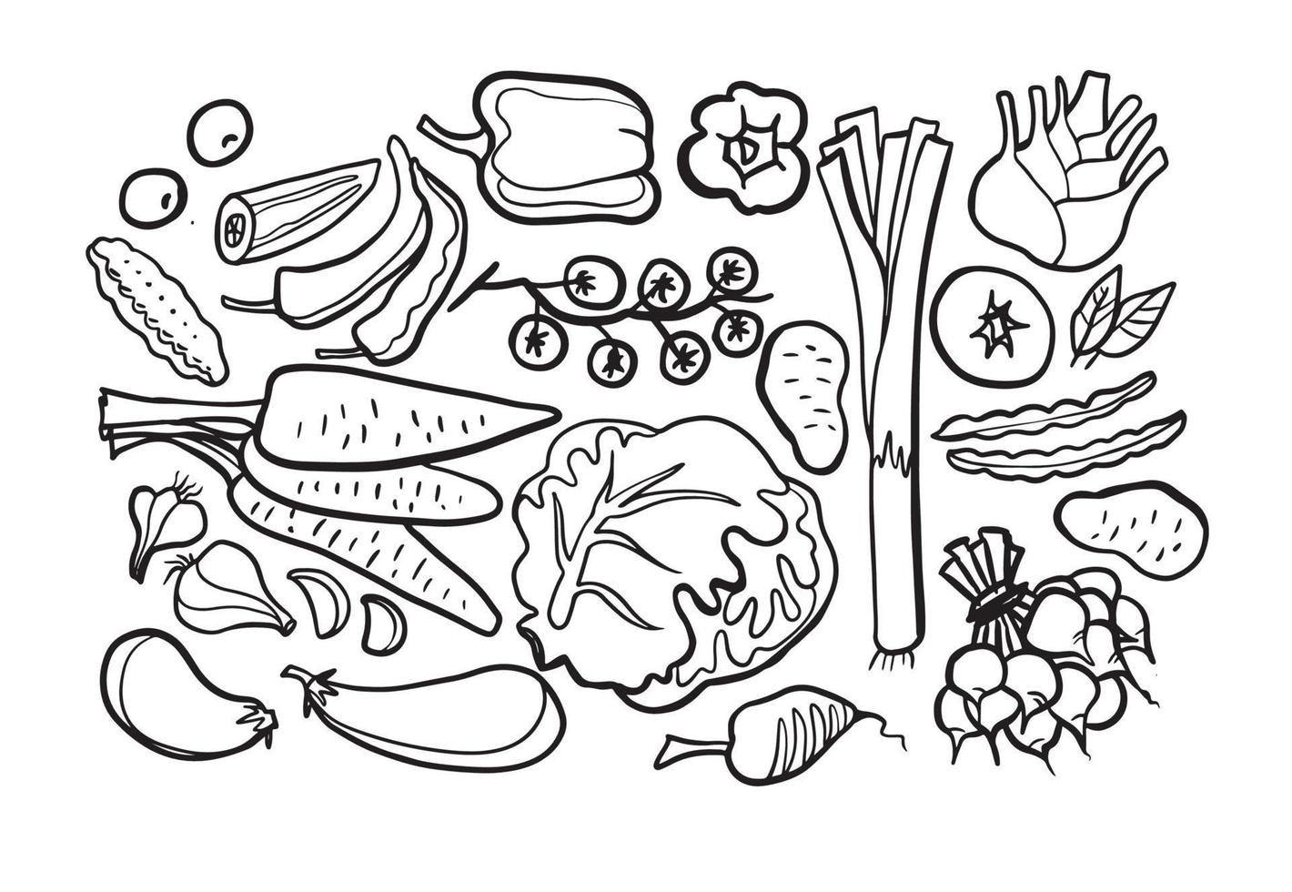 raccolta di disegni di doodle di verdure. verdure come carote, mais, zenzero, cetriolo, cavolo, patate, ecc. illustrazioni di doodle vettoriali disegnate a mano in nero isolato su sfondo bianco.