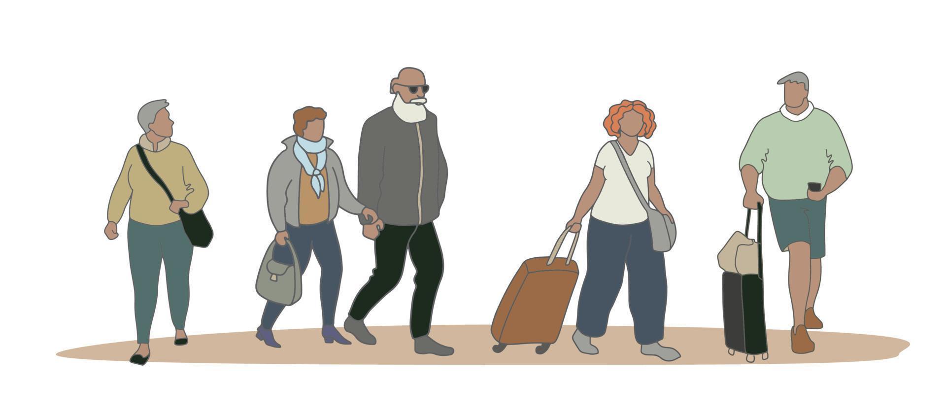 persone diverse che camminano per strada. persone con valigie e borse. illustrazione vettoriale di diversi cartoni animati uomini e donne di varie età e tipo di corpo isolati su bianco.