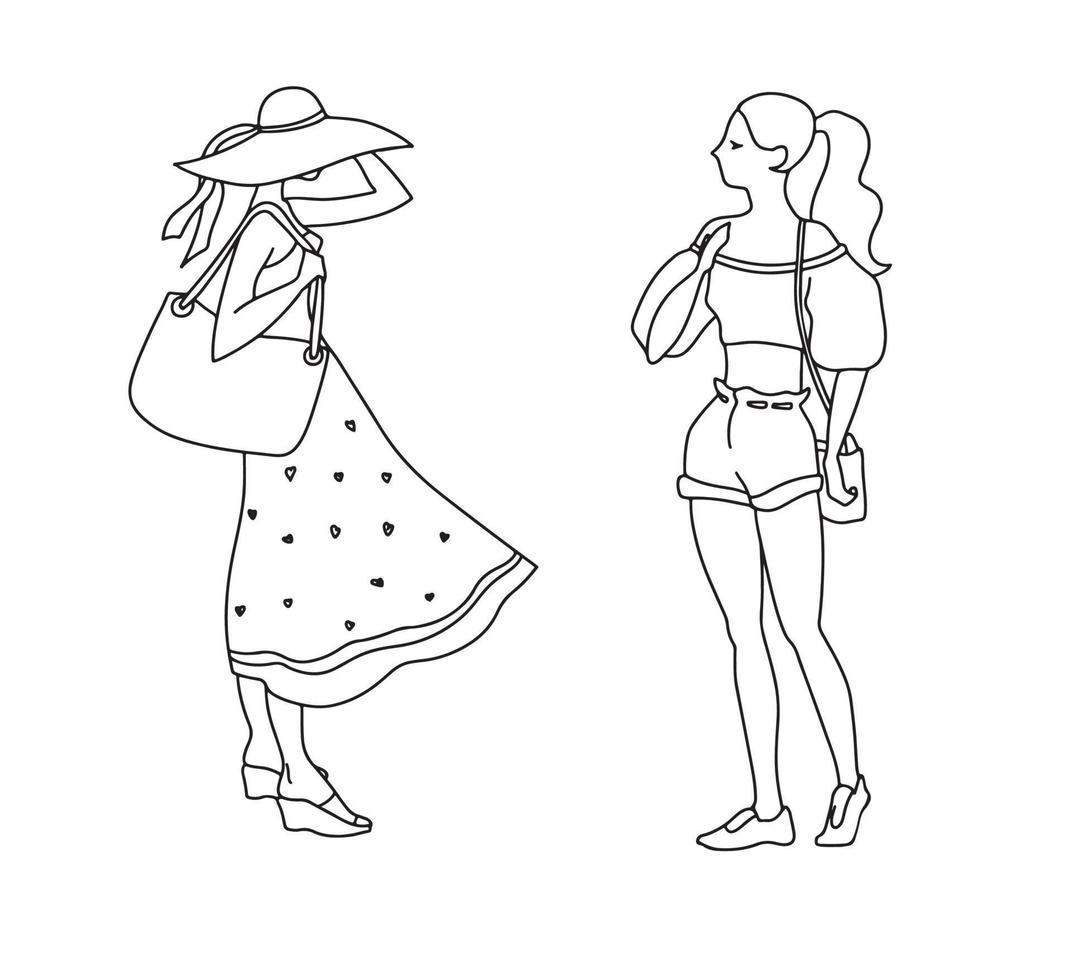 schizzo lineare di figurine di ragazze, illustrazione di moda ragazze sagome vettoriali di una donna, schizzo lineare, colore bianco e nero isolato su sfondo bianco