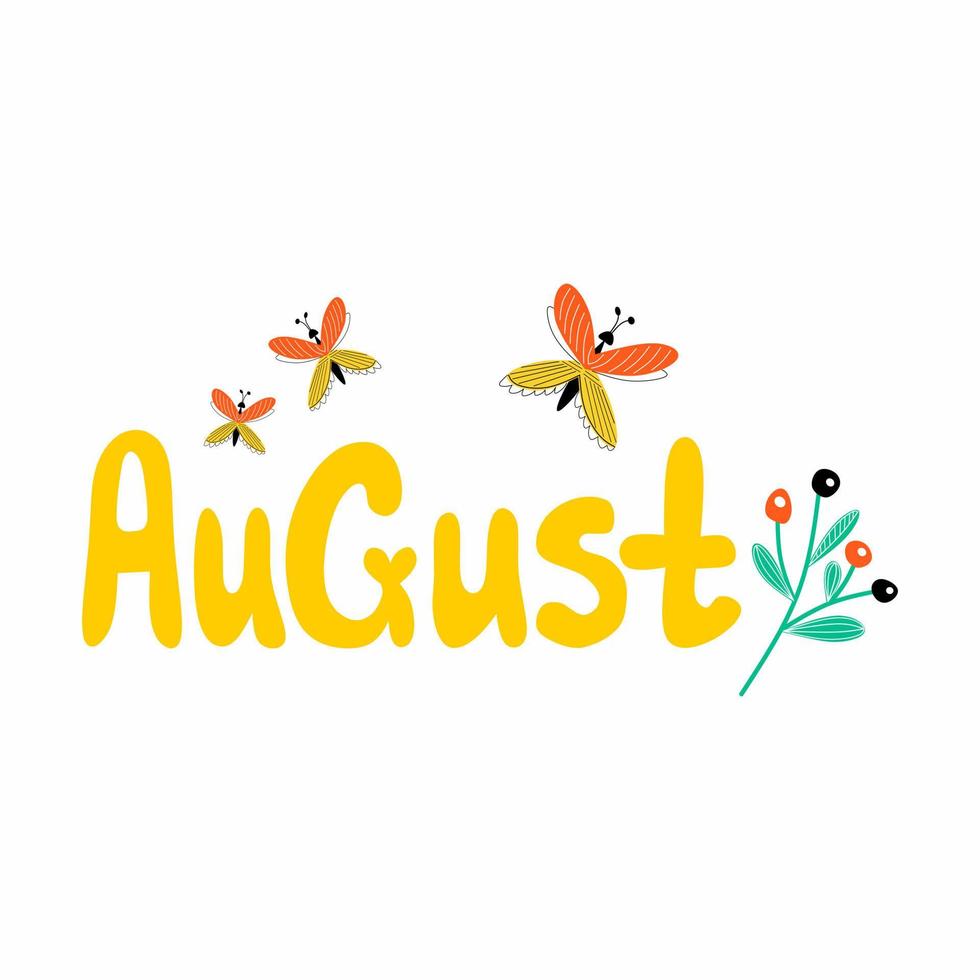 ciao agosto carina illustrazione estiva con fiori di campo e libellule vettore