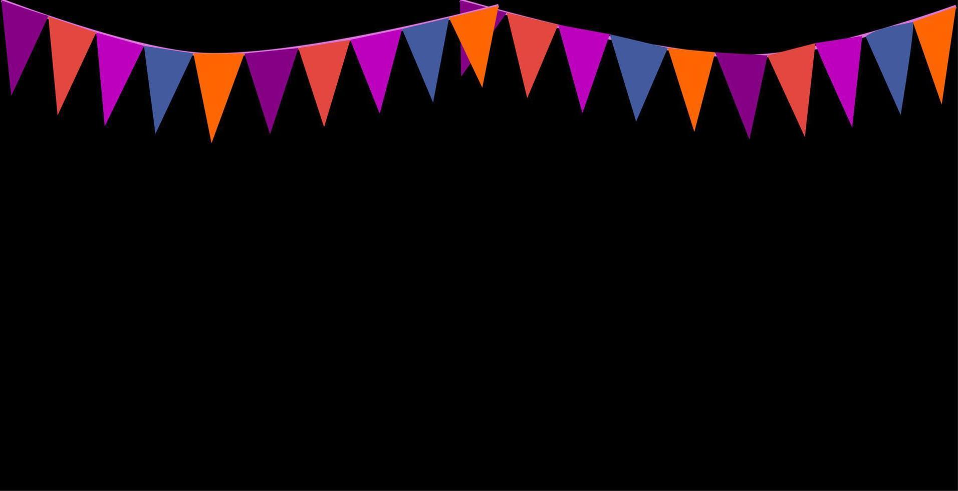 bunting appeso colore di halloween, arancione, nero, viola, bandiera a tema triangoli banner sfondo. bandiere della stamina per la festa, la notte di Halloween, i concetti di dolcetto o scherzetto. vettore