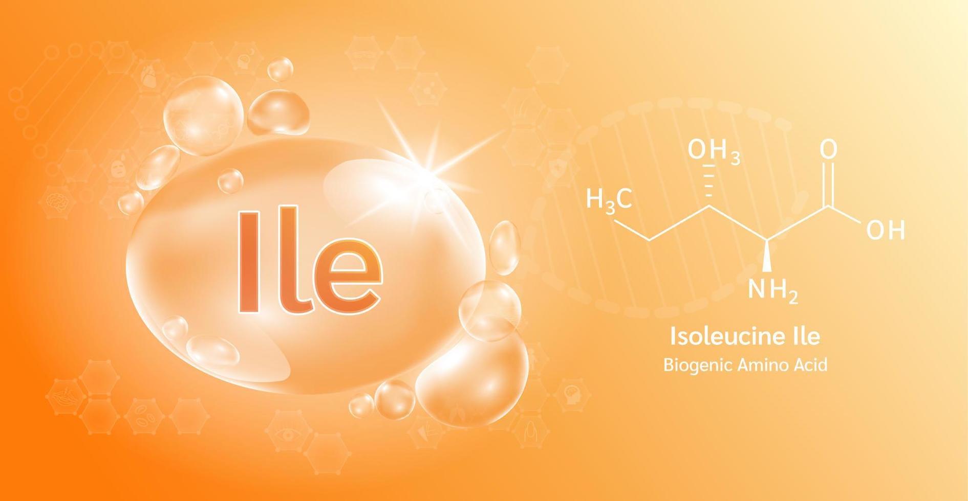 goccia d'acqua importante aminoacido isoleucina ile e formula chimica strutturale. isoleucina su sfondo arancione. concetti medici e scientifici. illustrazione vettoriale 3d.