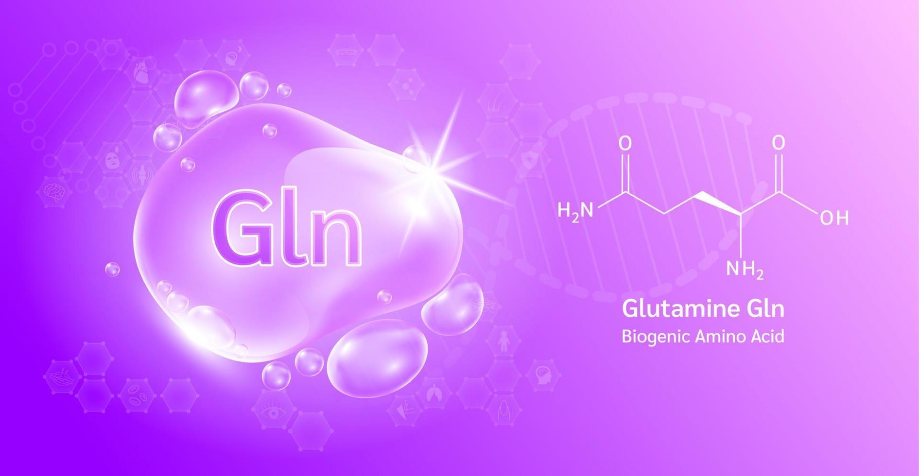 goccia d'acqua importante aminoacido glutammina gln e formula chimica strutturale. glutammina su sfondo viola. concetti medici e scientifici. illustrazione vettoriale 3d.