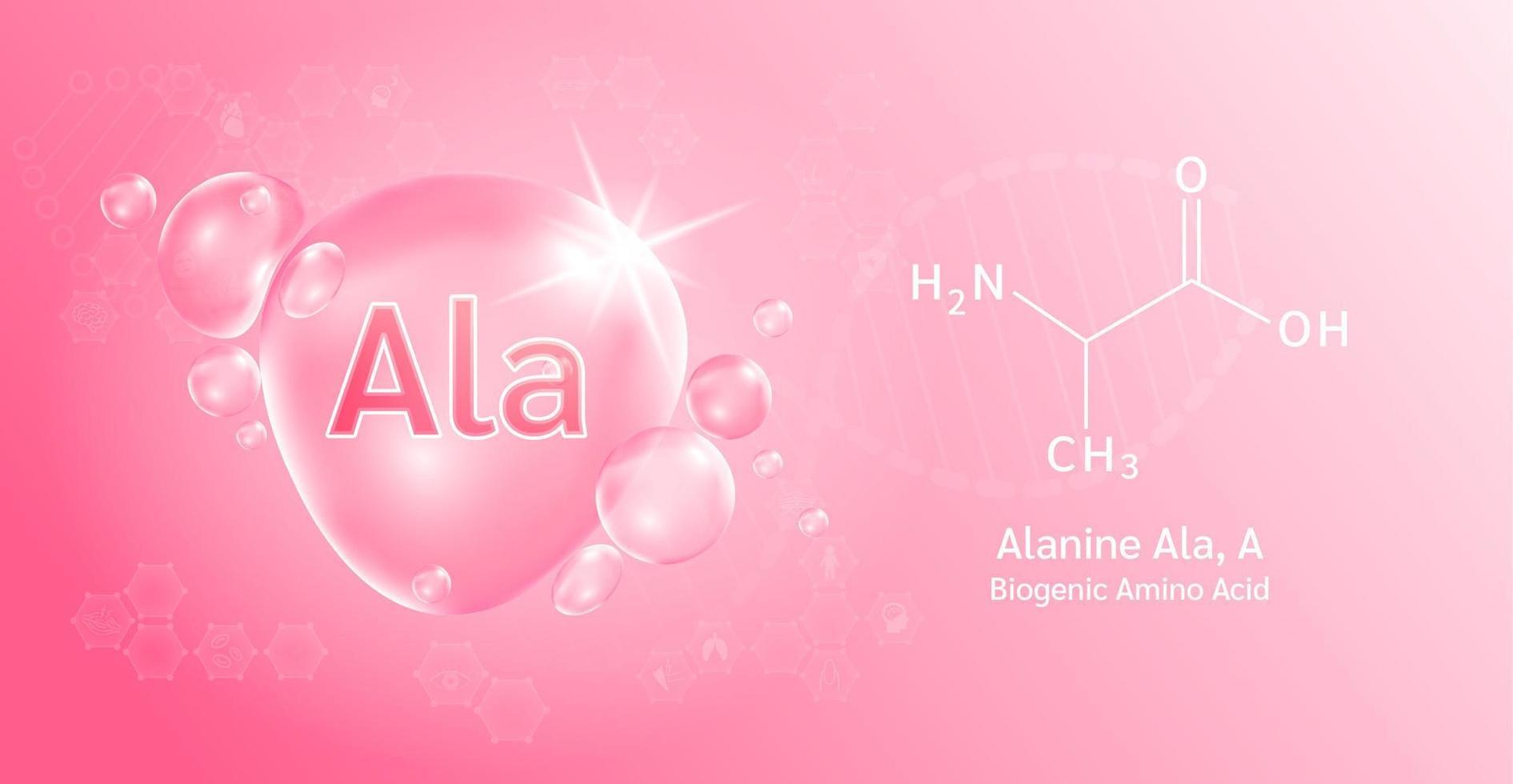 goccia d'acqua importante aminoacido alanina ala, a e formula chimica strutturale. alanina su sfondo rosa. concetti medici e scientifici. illustrazione vettoriale 3d.