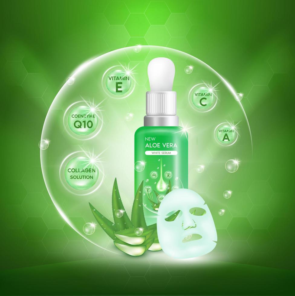 pianta di aloe vera con gocce fresche e flacone di vetro contagocce. siero di collagene e vitamine. cura della pelle, design di poster di annunci di prodotti cosmetici di bellezza. illustrazione vettoriale 3d realistica