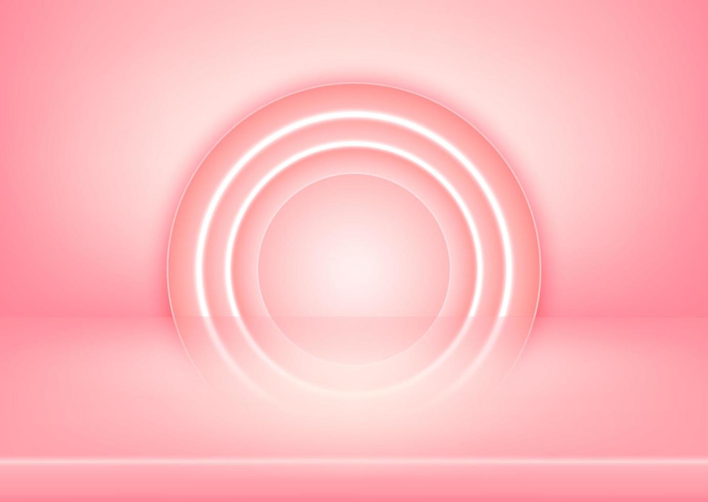 vuoto color rosa pastello studio tavolo camera sfondo astratto e luce illuminata da lanterne luci al neon. display del prodotto con spazio di copia per la visualizzazione del design dei contenuti. illustrazione vettoriale 3d.