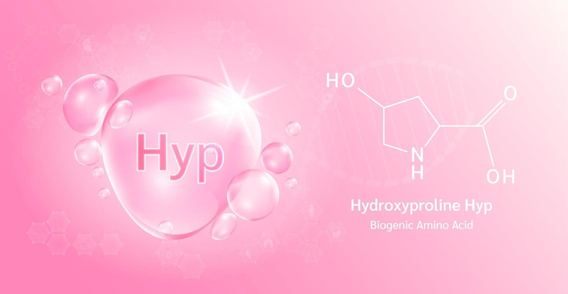 goccia d'acqua importante aminoacido idrossiprolina hyp e formula chimica strutturale. idrossiprolina su fondo rosa. concetti medici e scientifici. illustrazione vettoriale 3d.