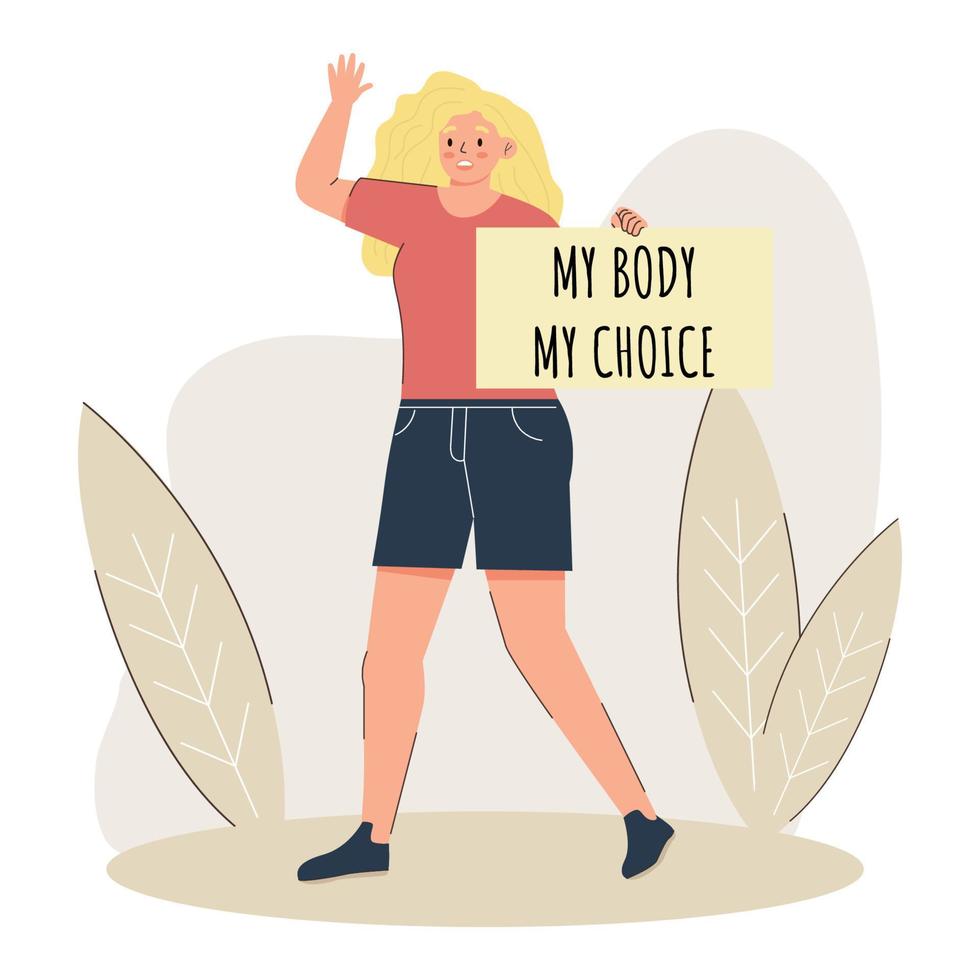 attivista della protesta delle donne per la scelta di una donna tiene un poster il mio corpo è la mia scelta. una ragazza con un poster a sostegno del diritto all'aborto durante una manifestazione di protesta vettore