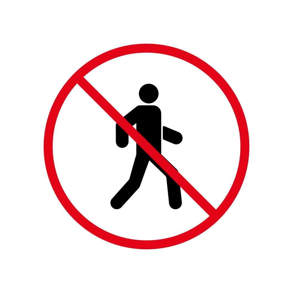 vietare l'uomo a piedi attraverso l'icona della siluetta nera della strada. pittogramma di divieto di ingresso di persone. il pedone proibito entra nel simbolo del cerchio di arresto rosso. nessun segno d'ingresso. illustrazione vettoriale isolata.