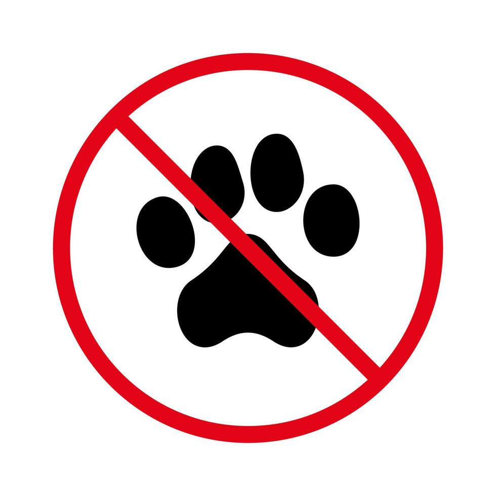 vietare l'icona della siluetta nera della zona di ingresso del cane del gatto. vietare l'ingresso con pittogramma di animali. simbolo di arresto rosso dell'impronta della zampa. nessun segno di passeggiata per animali domestici consentito. vietare l'impronta del piede del cucciolo. illustrazione vettoriale isolata.