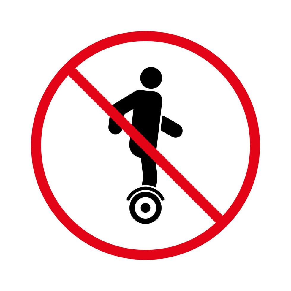 icona della siluetta nera di restrizione di hoverboard. il giroscopio elettrico vieta il pittogramma. simbolo di arresto rosso dello scooter giroscopio. nessun segno di hoverboard consentito. divieto di hoverboard. illustrazione vettoriale isolata.