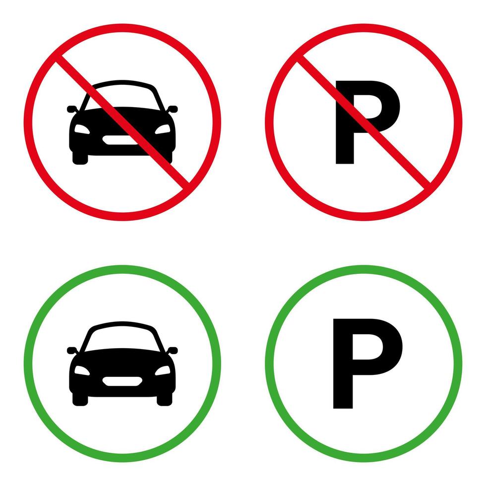 Vietare il pittogramma della sagoma dell'auto di parcheggio. parcheggiare il trasporto di veicoli consentito su strada segno verde. icona nera vietata auto. attenzione parcheggio privato simbolo stop rosso. illustrazione vettoriale isolata.