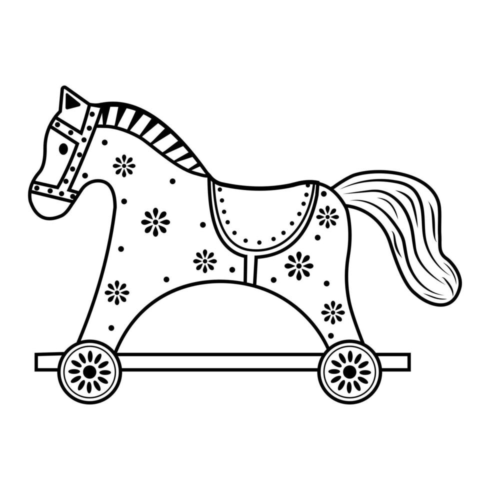 un'icona con l'immagine di un cavallo a dondolo in legno per bambini. illustrazione vettoriale isolata colorazione doodle